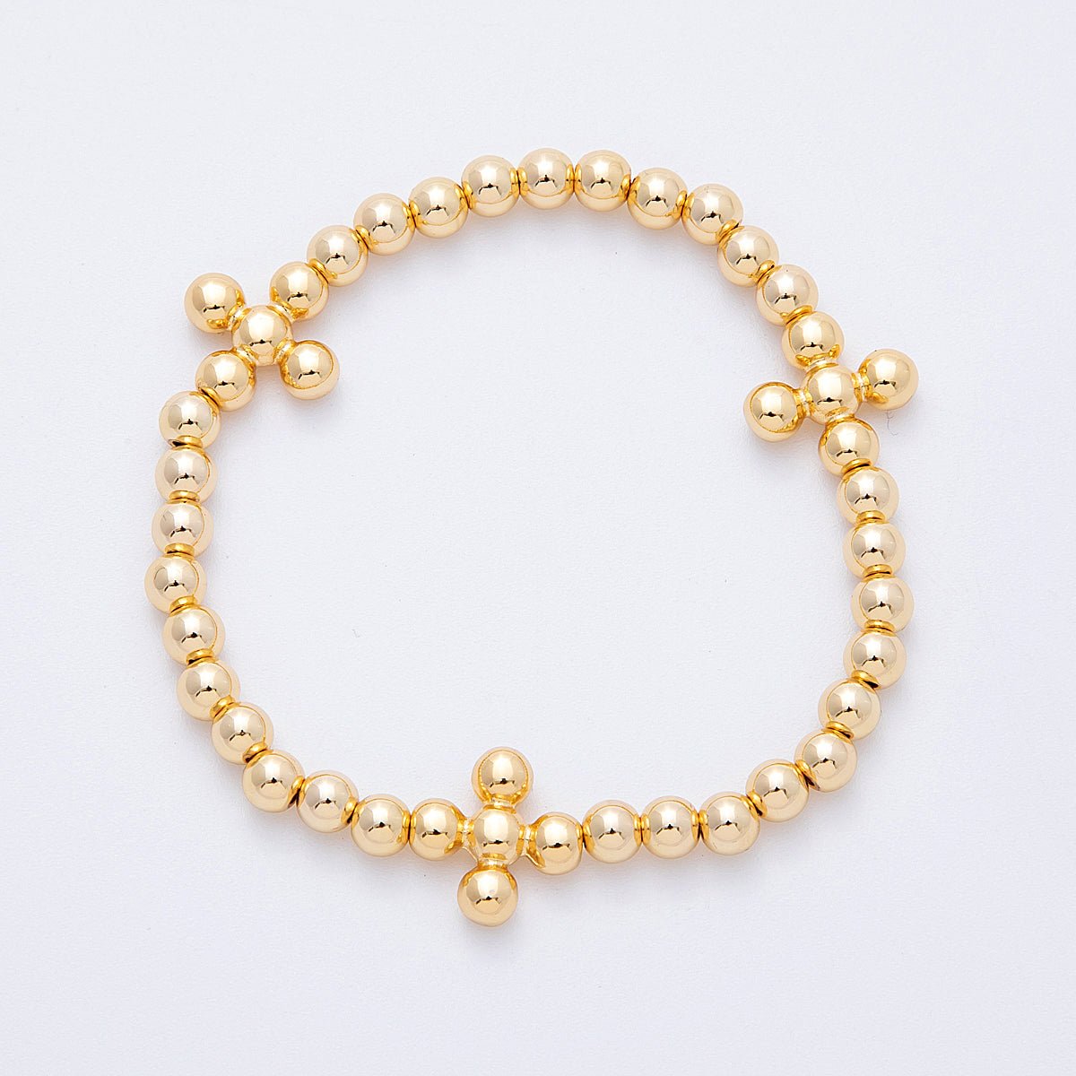 18K Gold Filled 5mm Round Beaded Cross Station Stretch Bracelet | WA - 04107 - DLUXCA