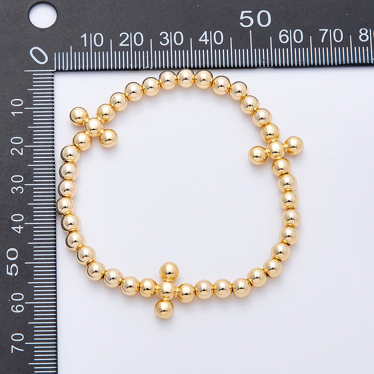 18K Gold Filled 5mm Round Beaded Cross Station Stretch Bracelet | WA - 04107 - DLUXCA