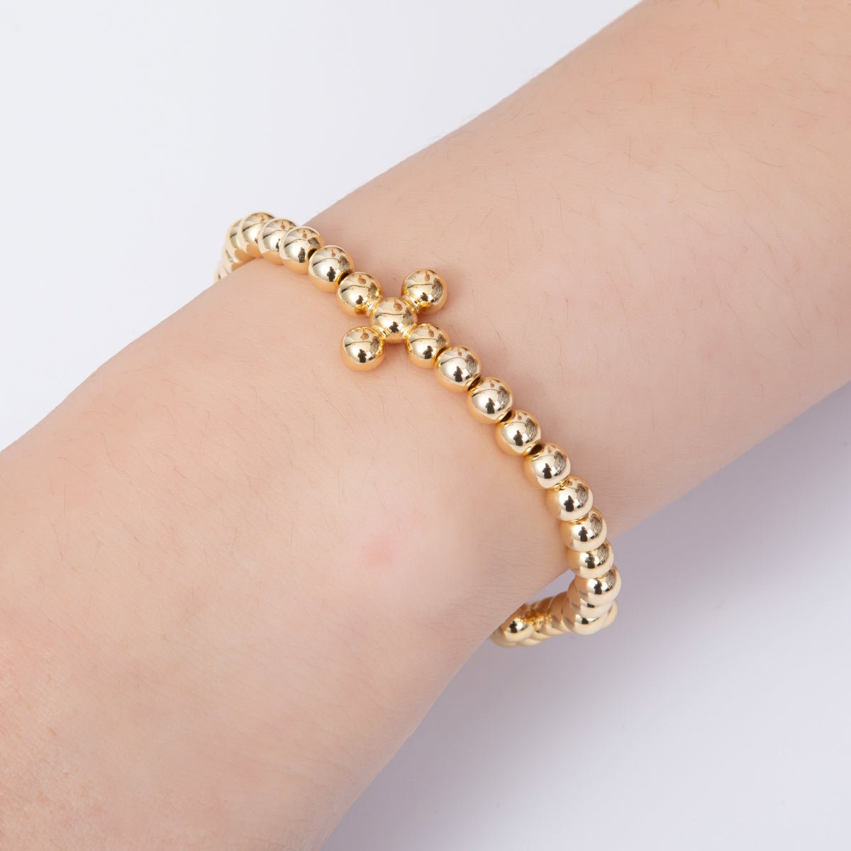 18K Gold Filled 5mm Round Beaded Cross Station Stretch Bracelet | WA - 04107 - DLUXCA