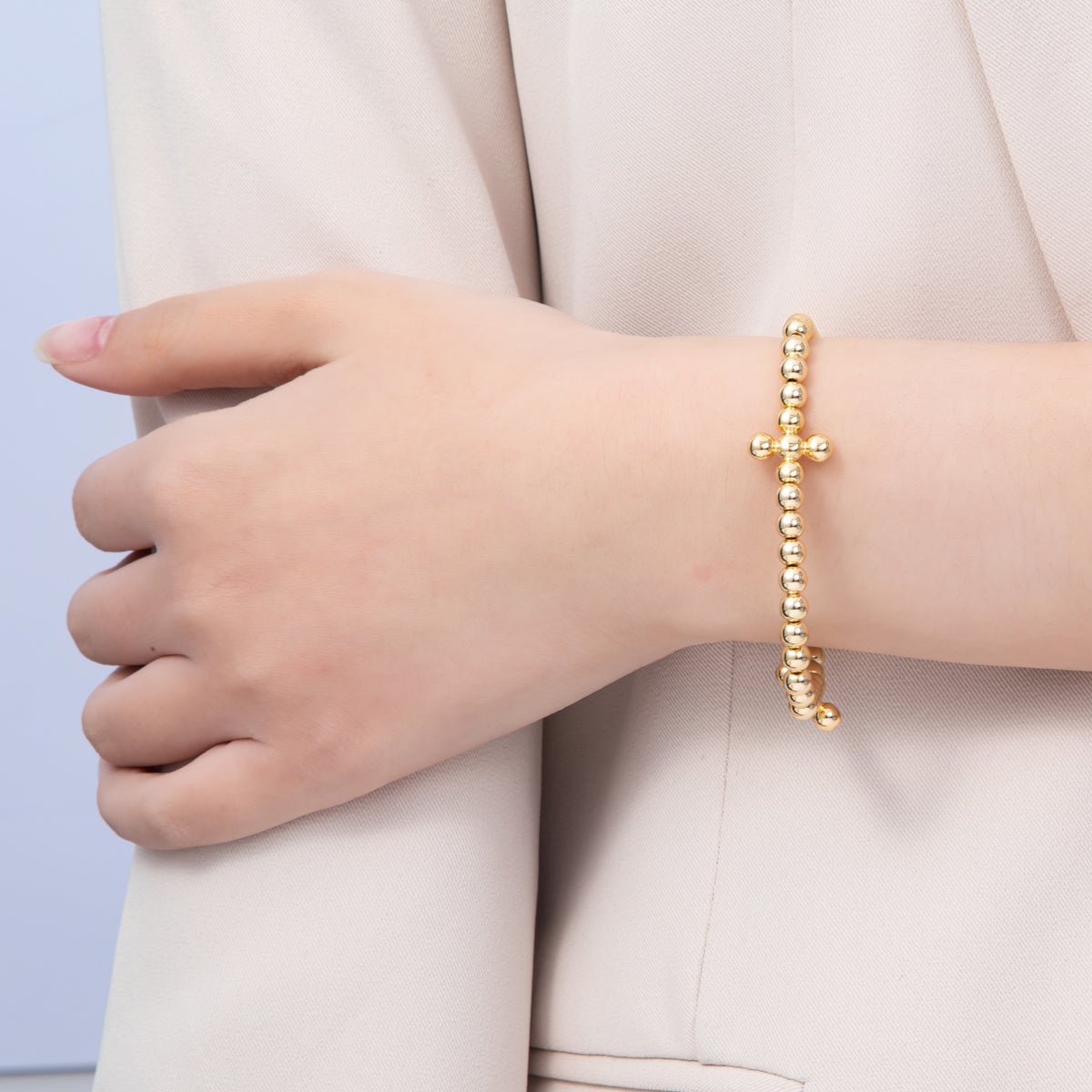 18K Gold Filled 5mm Round Beaded Cross Station Stretch Bracelet | WA - 04107 - DLUXCA