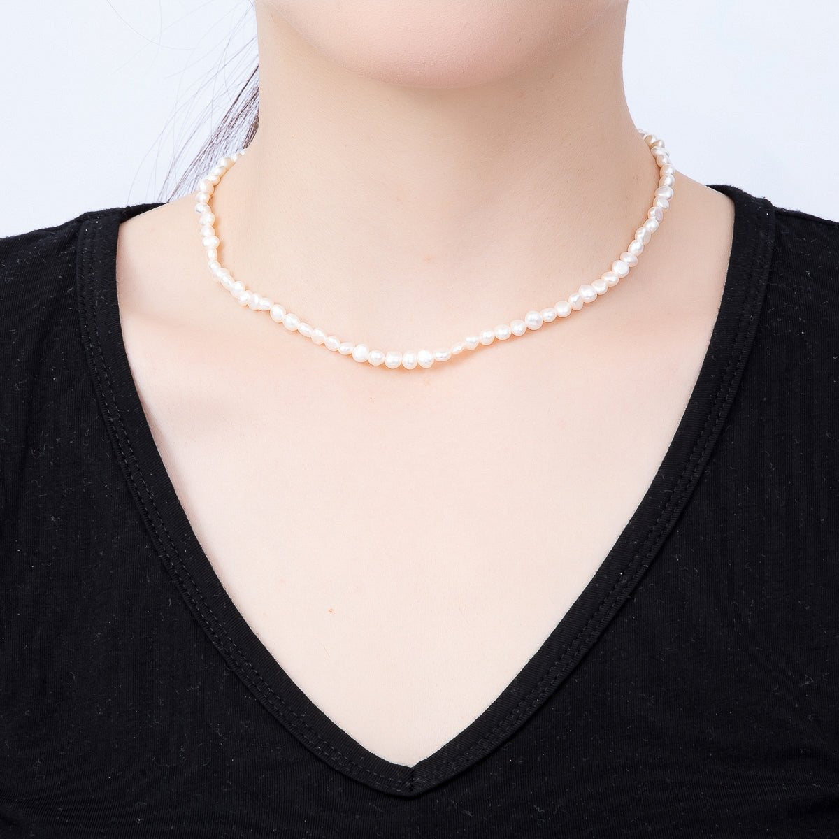 18K Gold Filled 5mm White Button Freshwater Pearl Gemstone Chain 15 Inch Choker Necklace | WA-02297 - DLUXCA