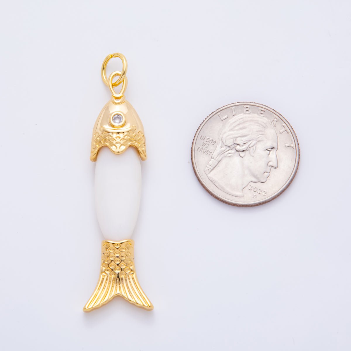 18K Gold Filled 60mm Round Clear CZ Shell Pearl Fish Drop Dangle Charm| AH - 925 - DLUXCA