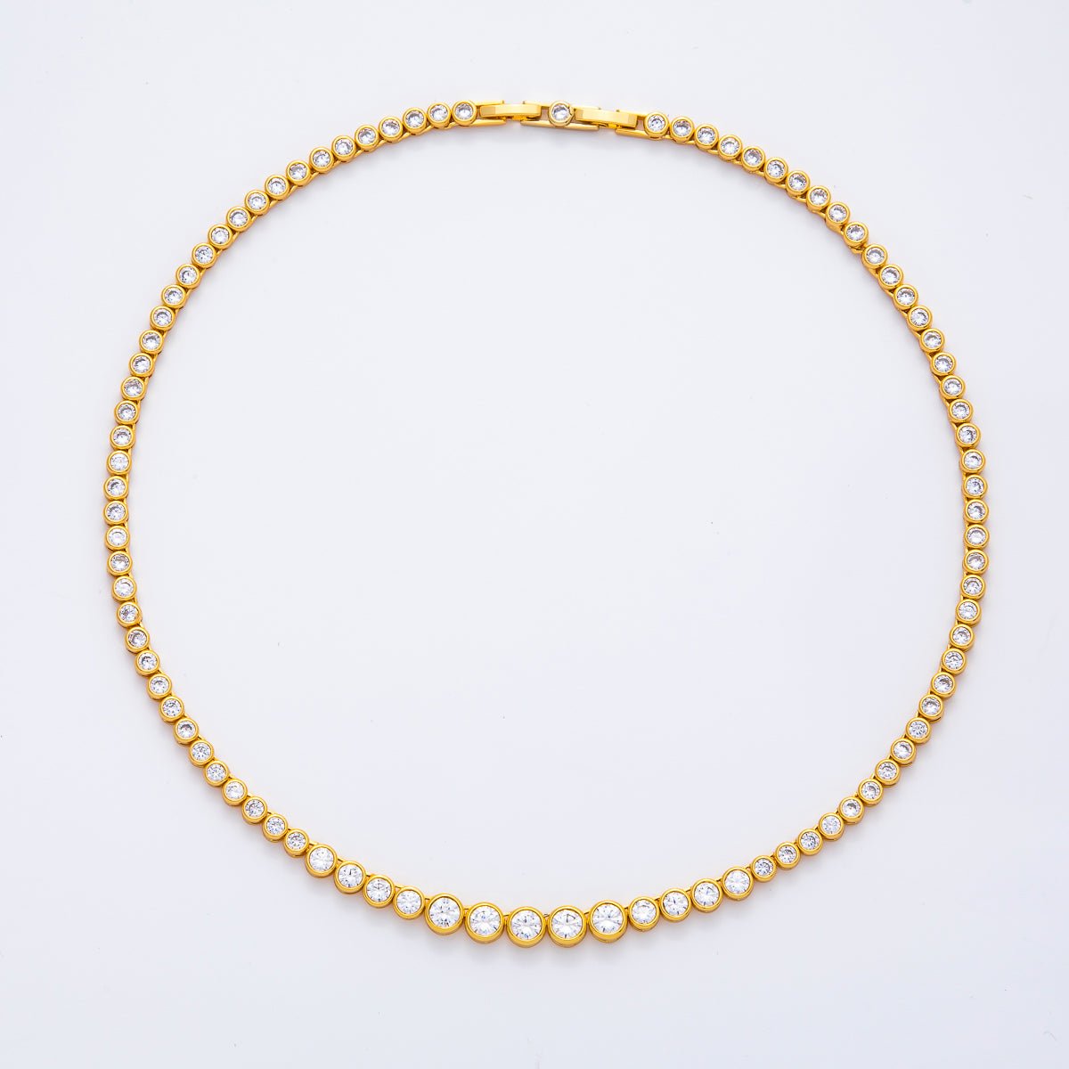 18K Gold Filled 6.2mm Clear CZ Round Bezel Tennis Chain 16 Inch Necklace | WA - 3446 - DLUXCA