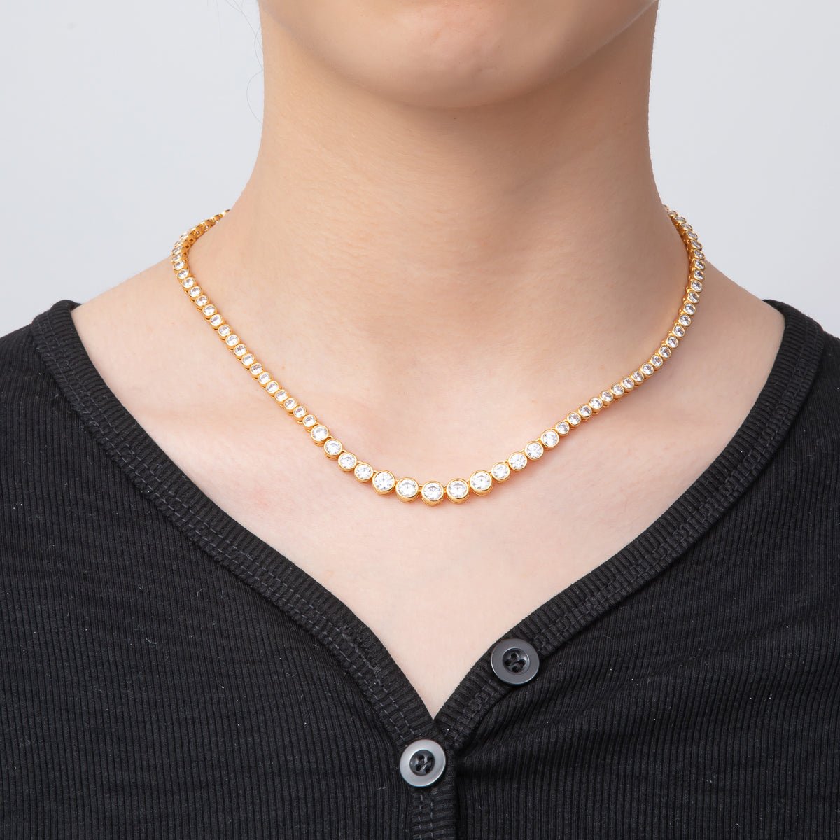 18K Gold Filled 6.2mm Clear CZ Round Bezel Tennis Chain 16 Inch Necklace | WA - 3446 - DLUXCA