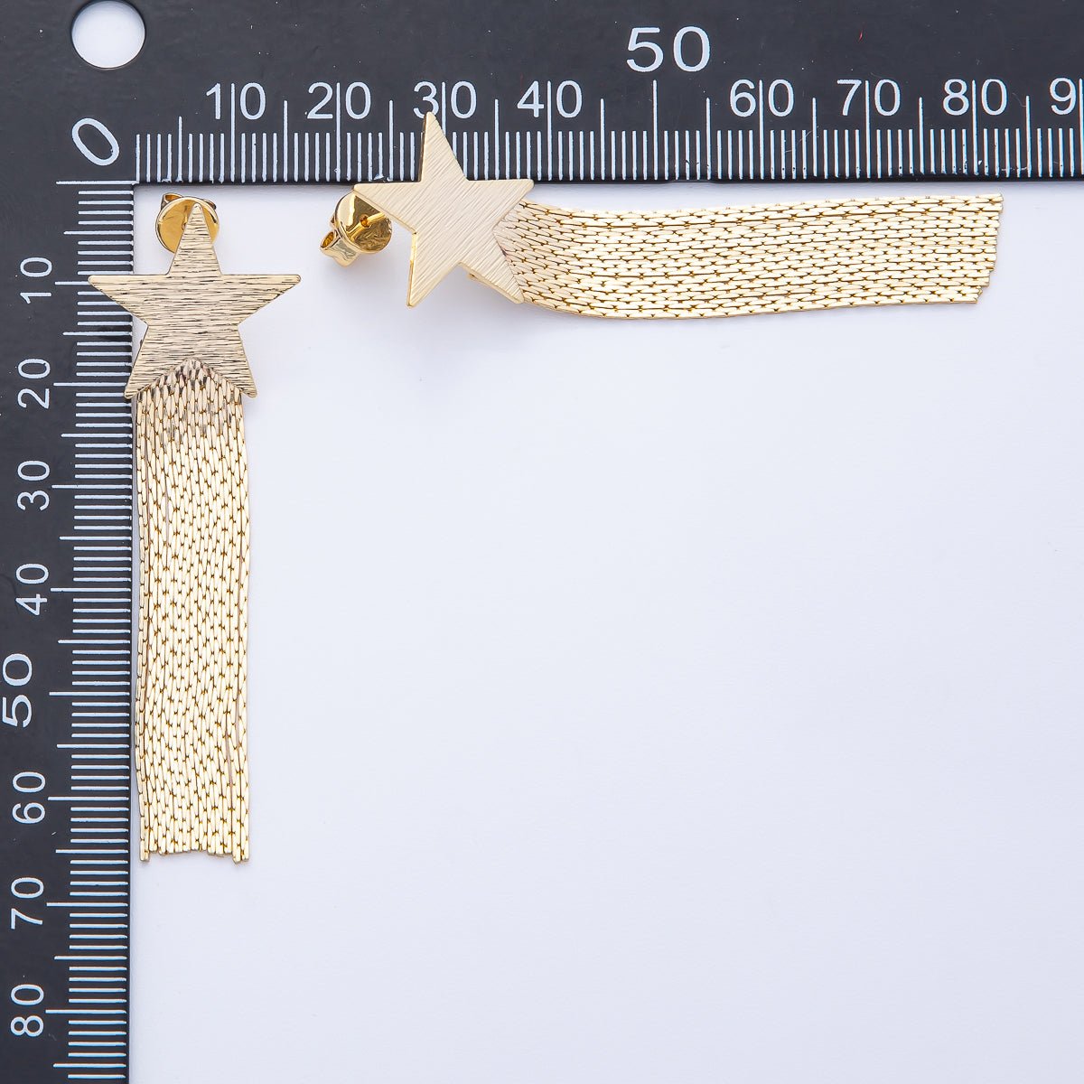 18K Gold Filled 63.3mm Textured Star Snake Chain Fringe Drop Stud Earrings | T488 - DLUXCA
