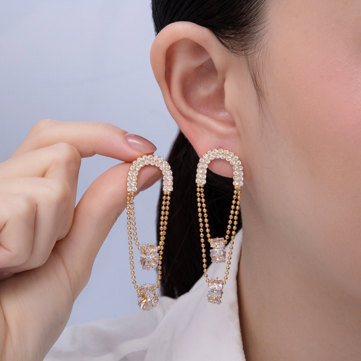 18K Gold Filled 63mm Clear CZ Micro Paved Rondelle Bead Geometric Drop Stud Earrings | T069 - DLUXCA