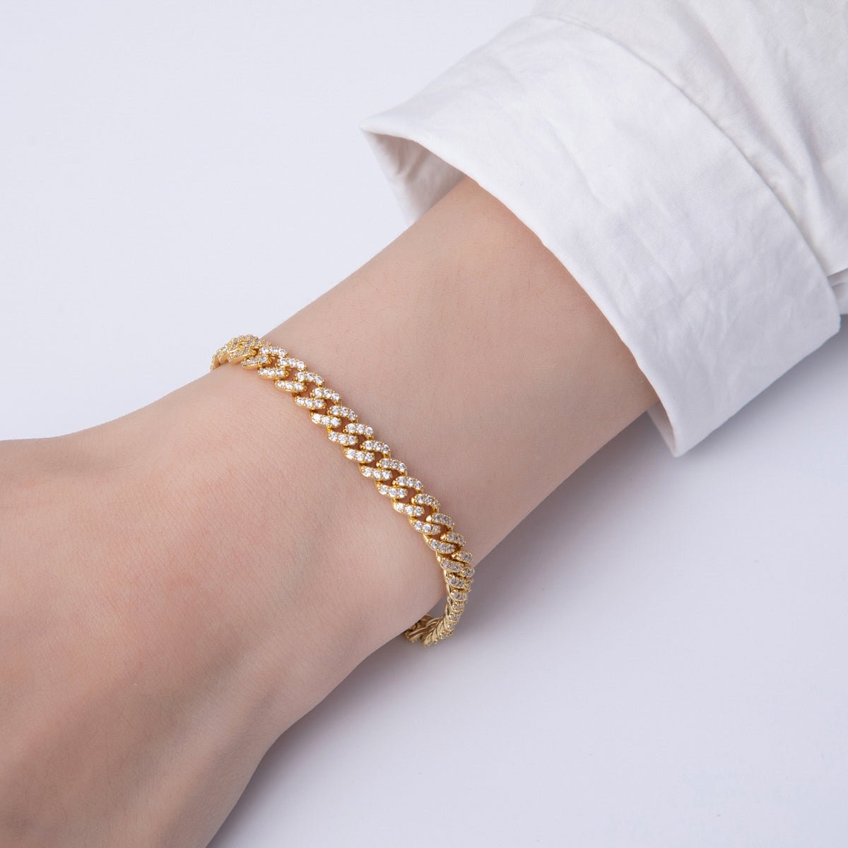 18K Gold Filled 6.3mm Micro Paved CZ Curb Chain 7 Inch Adjustable Bracelet | WA - 3887 - DLUXCA