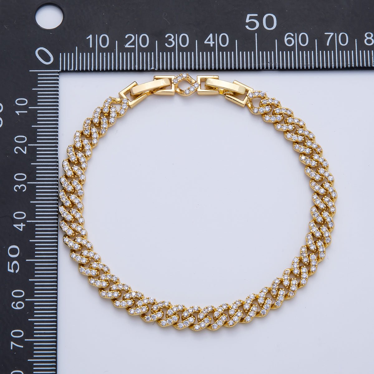 18K Gold Filled 6.3mm Micro Paved CZ Curb Chain 7 Inch Adjustable Bracelet | WA - 3887 - DLUXCA