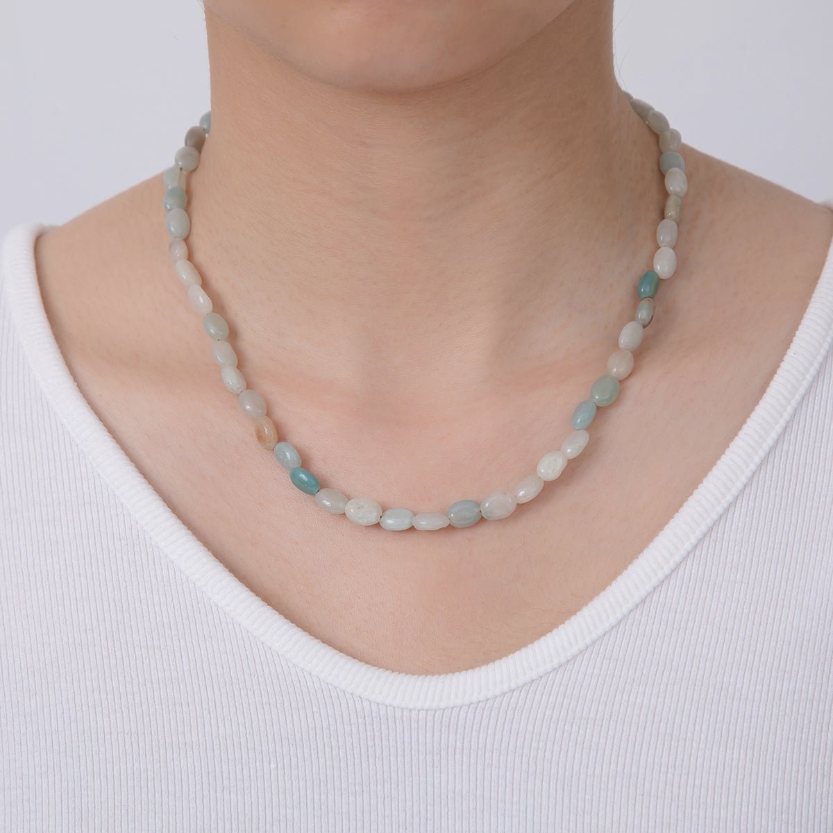 18K Gold Filled 6.5mm Amazonite Gemstone Oblong Oval Gemstone Bead 15.5 Inch Handmade Necklace | WA - 3287 - DLUXCA