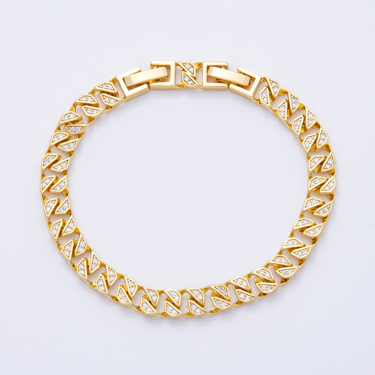 18K Gold Filled 6.5mm Micro Paved CZ Geometric Curb Adjustable Bracelet | WA - 3880 - DLUXCA