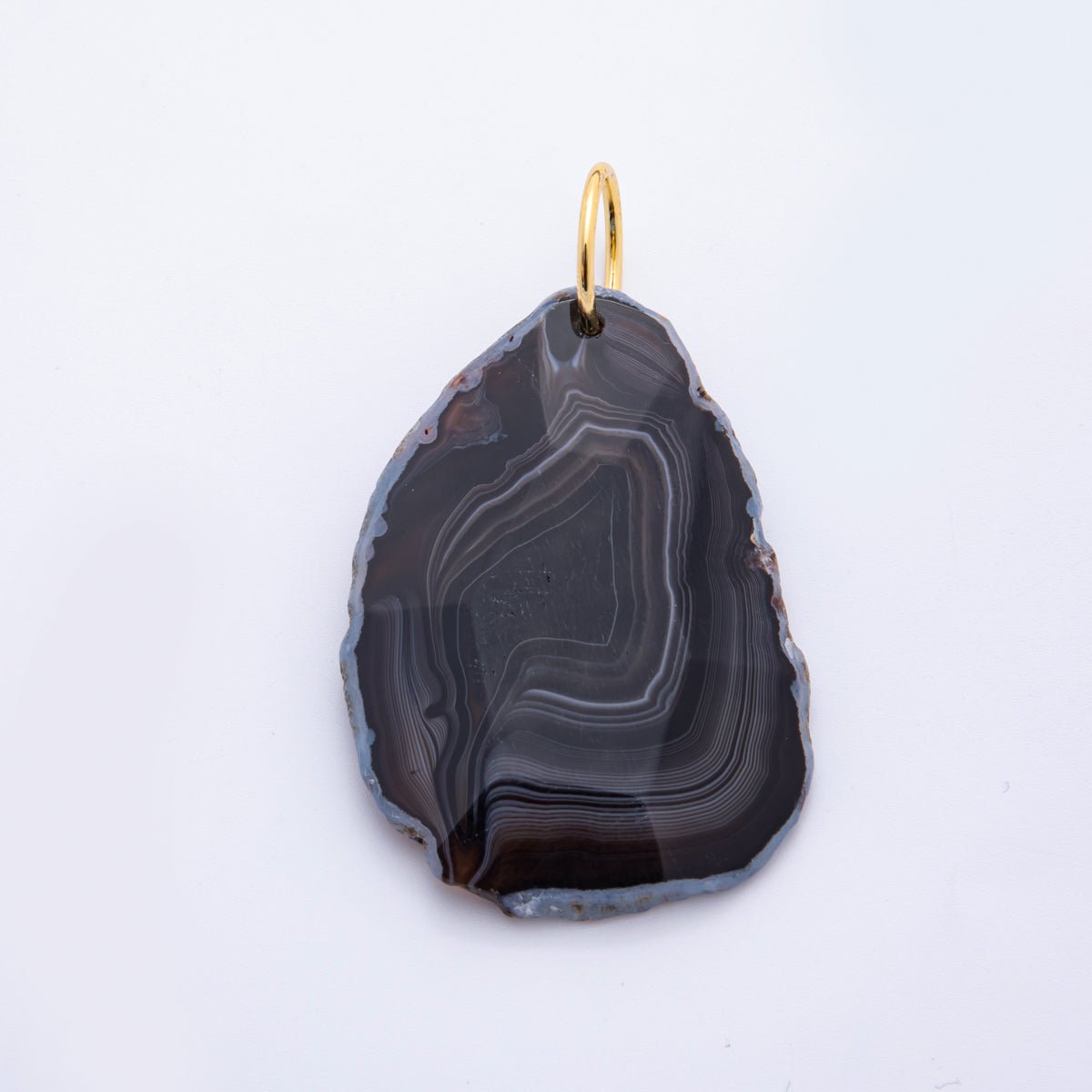 18K Gold Filled 68mm Black Agate Gemstone Raw Slice Edge Charm | E608 - DLUXCA
