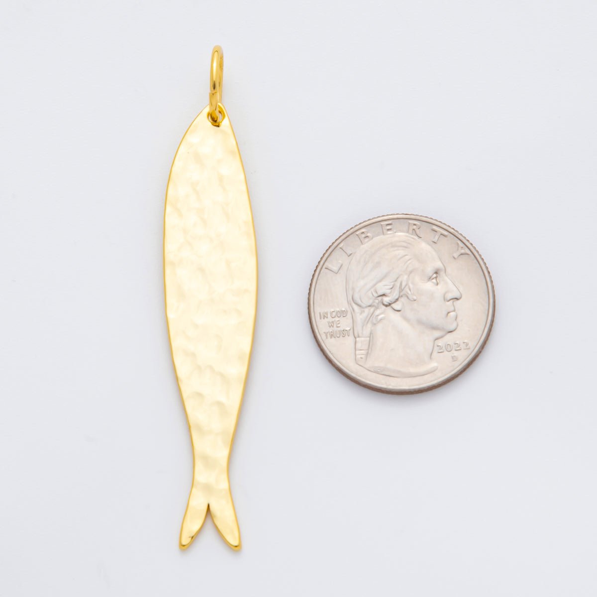 18K Gold Filled 68mm Long Minimalist Hammered Sardine Fish Charm | AF1313 - DLUXCA