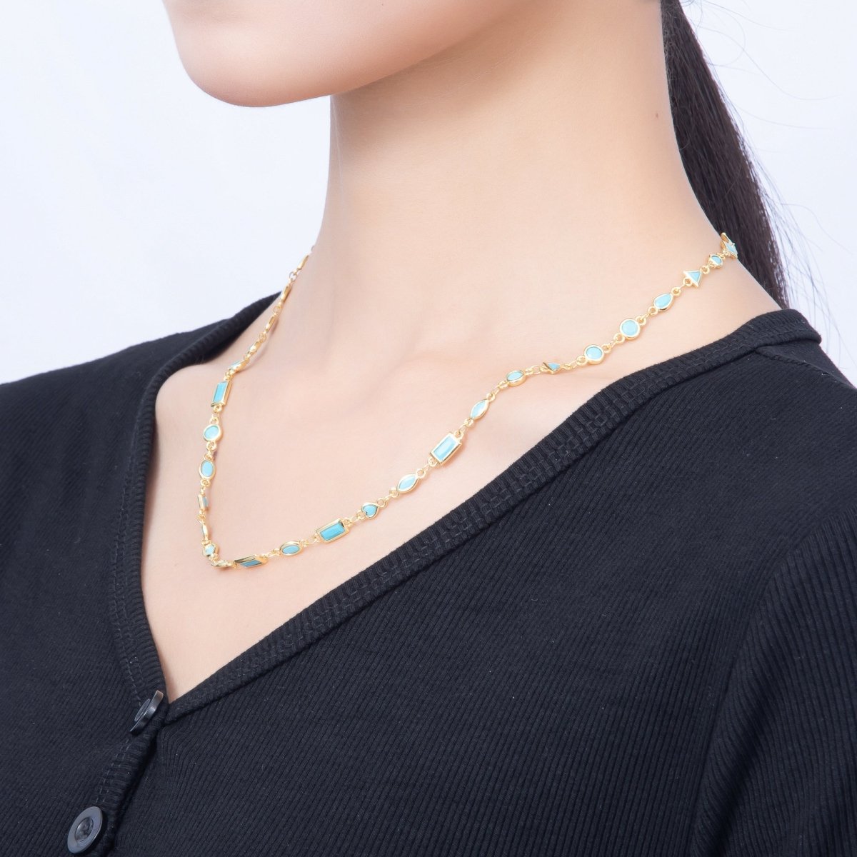 18K Gold Filled 6mm Blue Turquoise Multi Cut Bezel Gemstone Chain 18.5 Inch Necklace | WA-00283 - DLUXCA