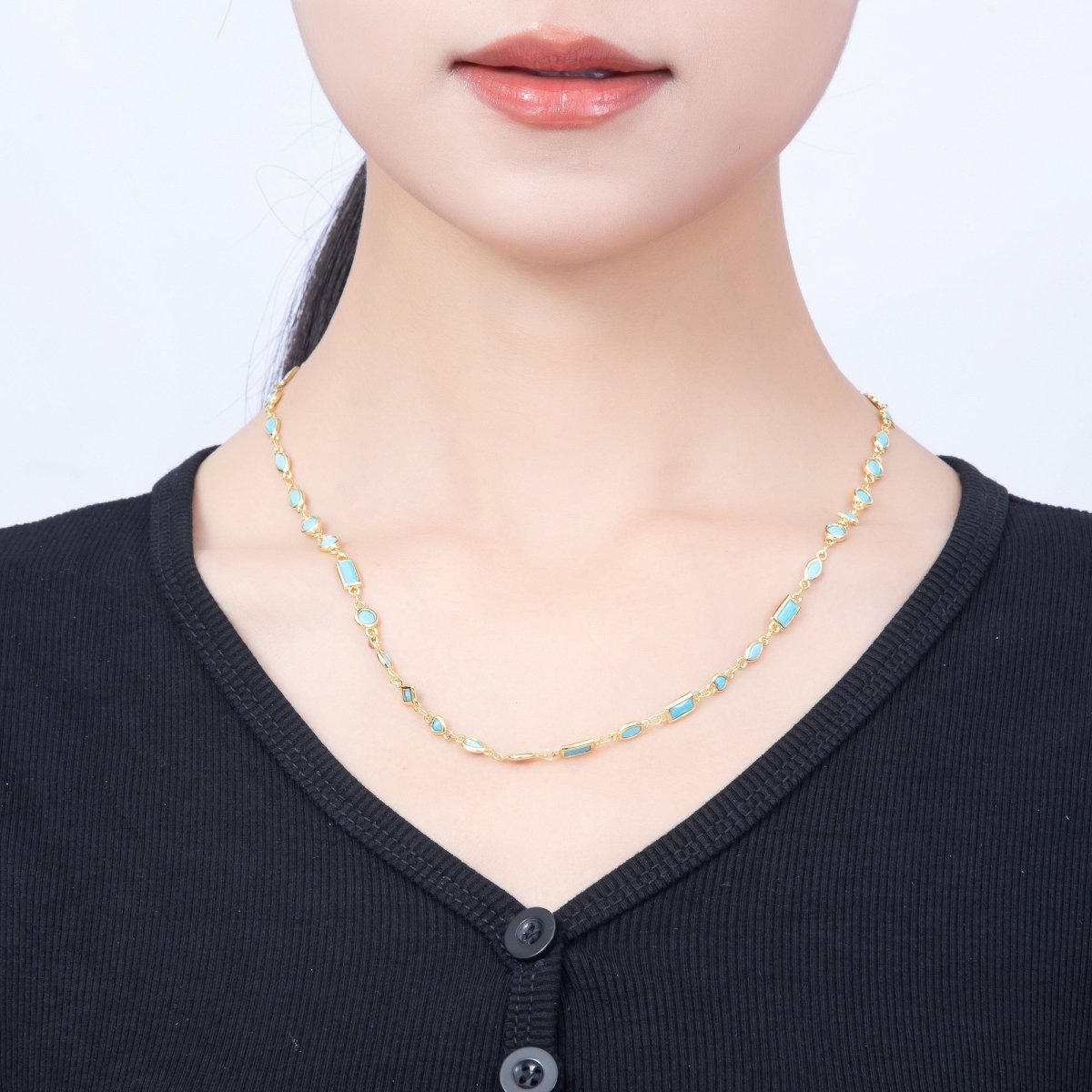 18K Gold Filled 6mm Blue Turquoise Multi Cut Bezel Gemstone Chain 18.5 Inch Necklace | WA-00283 - DLUXCA