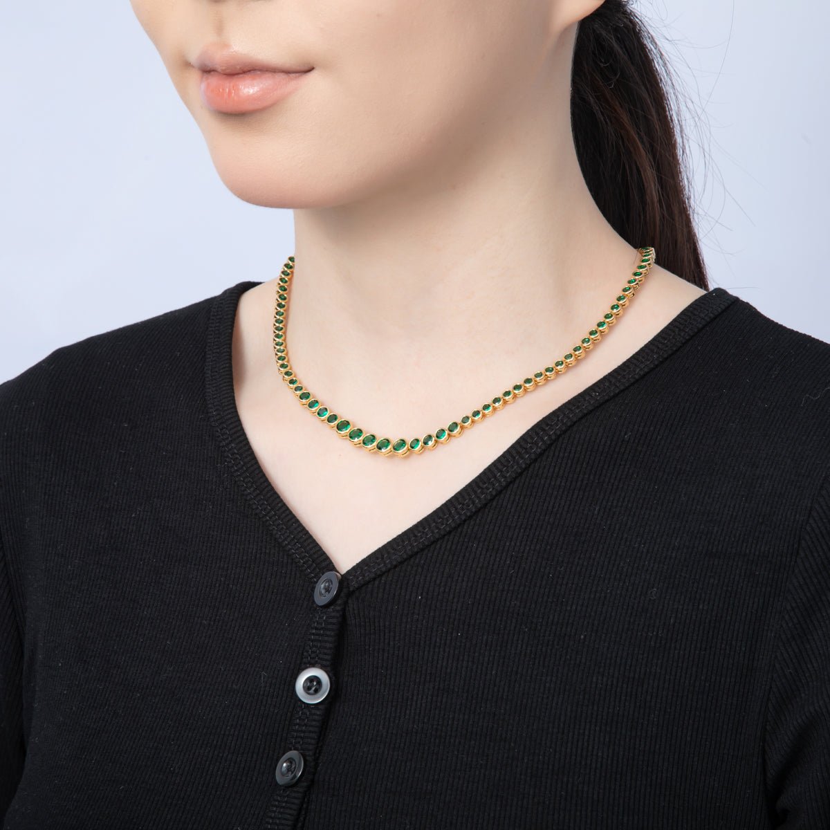 18K Gold Filled 6mm Green CZ Round Bezel Gradient Tennis Chain 16 Inch Adjustable Necklace | WA - 4059 - DLUXCA