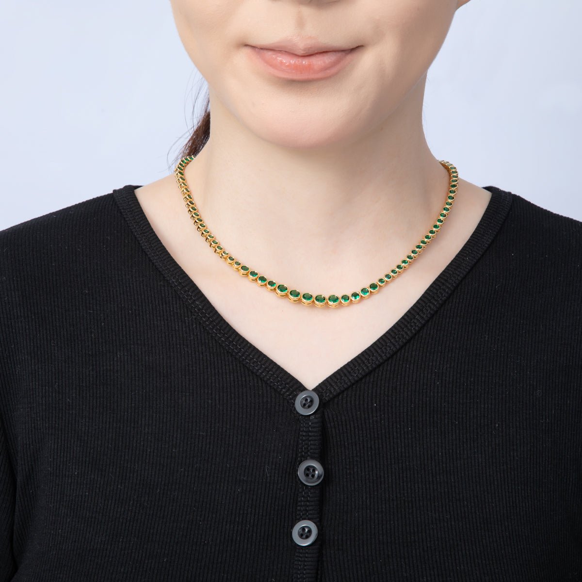 18K Gold Filled 6mm Green CZ Round Bezel Gradient Tennis Chain 16 Inch Adjustable Necklace | WA - 4059 - DLUXCA