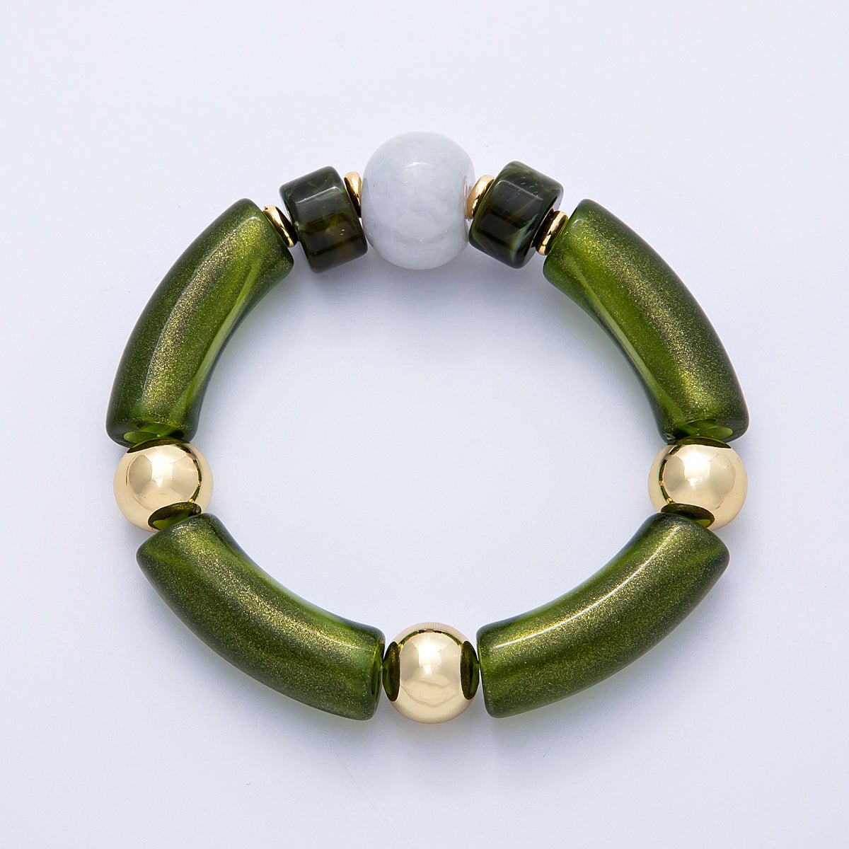 18K Gold Filled 6mm Green Peridot Gemstone Bead Stretch Bracelet | WA - 04139 - DLUXCA