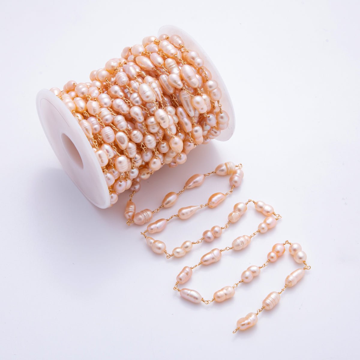 18K Gold Filled 6mm Unfinished Pink Ringed Potato Pearl Rosary Chain by Yard | ROLL - 01707 - DLUXCA