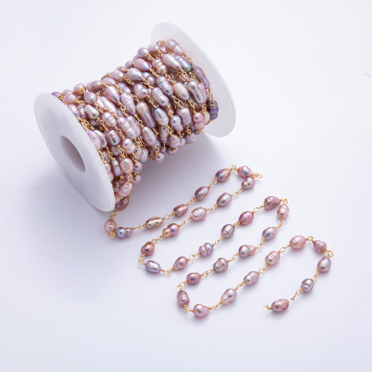 18K Gold Filled 6mm White, Pink, & Purple Unfinished Potato Pearl Rosary Chain by Yard | ROLL - 1706 - ROLL - 1708 - DLUXCA