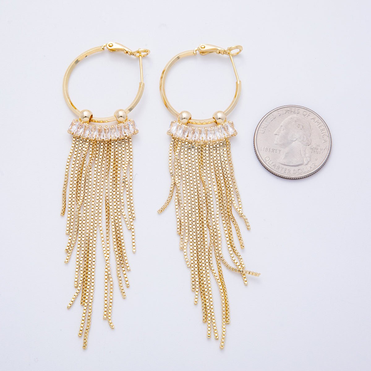 18K Gold Filled 76mm Clear Baguette CZ Box Chain Tassel C - Shaped Hinge Hoop Earrings | T013 - DLUXCA