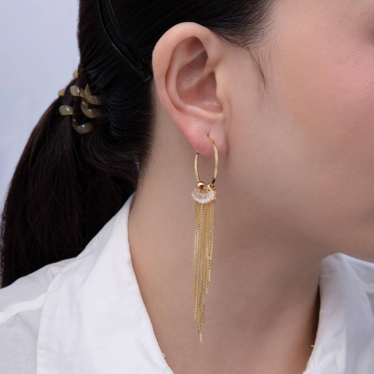 18K Gold Filled 76mm Clear Baguette CZ Box Chain Tassel C - Shaped Hinge Hoop Earrings | T013 - DLUXCA