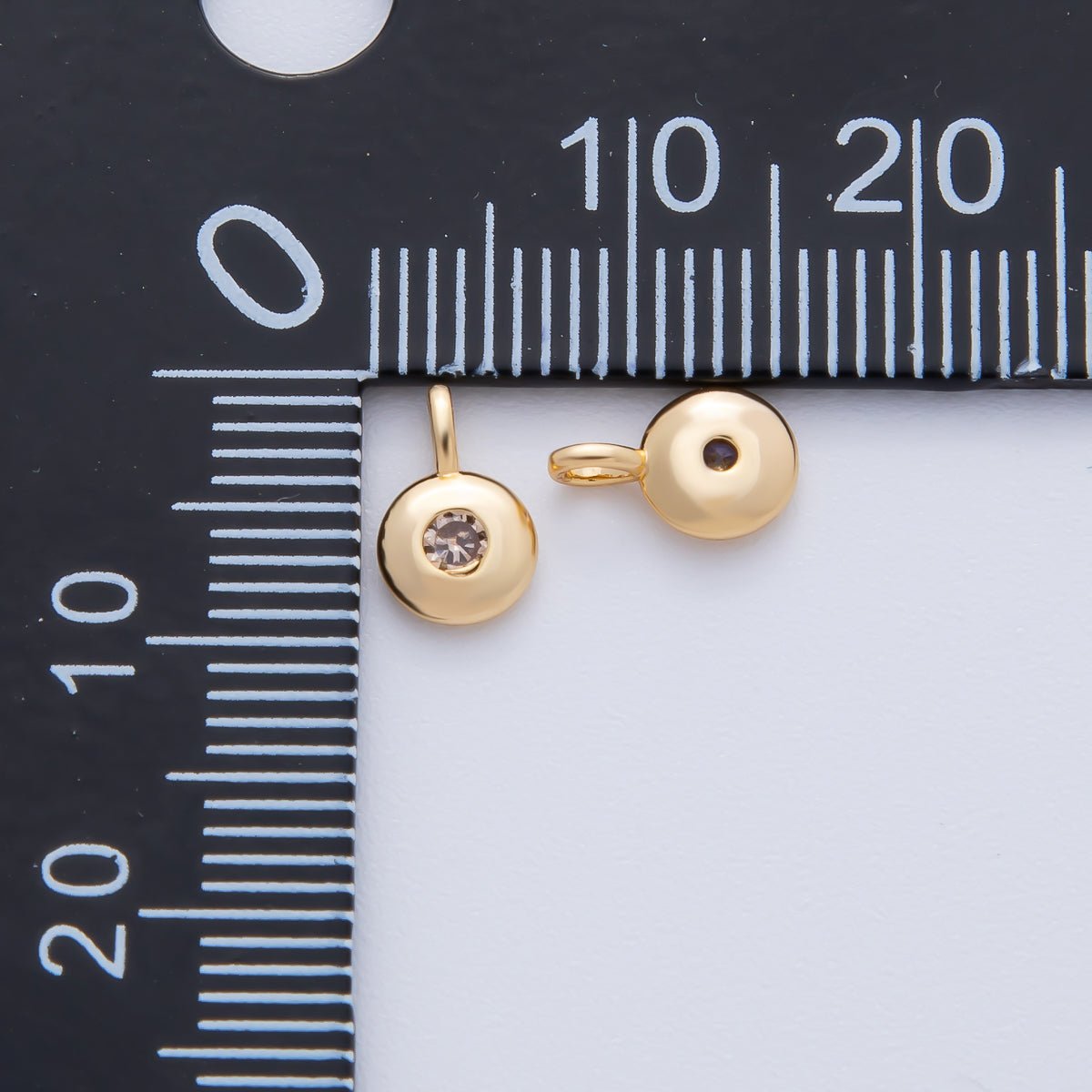 18K Gold Filled 8.5mm Brown, Red, Green CZ Round Accent Dainty Flush Setting Disc Drop Charm | AF1153 ~ AF1158 - DLUXCA