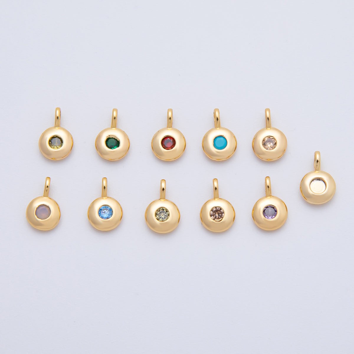 18K Gold Filled 8.5mm Brown, Red, Green CZ Round Accent Dainty Flush Setting Disc Drop Charm | AF1153 ~ AF1158 - DLUXCA
