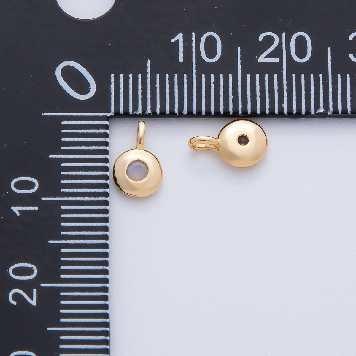 18K Gold Filled 8.5mm Brown, Red, Green CZ Round Accent Dainty Flush Setting Disc Drop Charm | AF1153 ~ AF1158 - DLUXCA