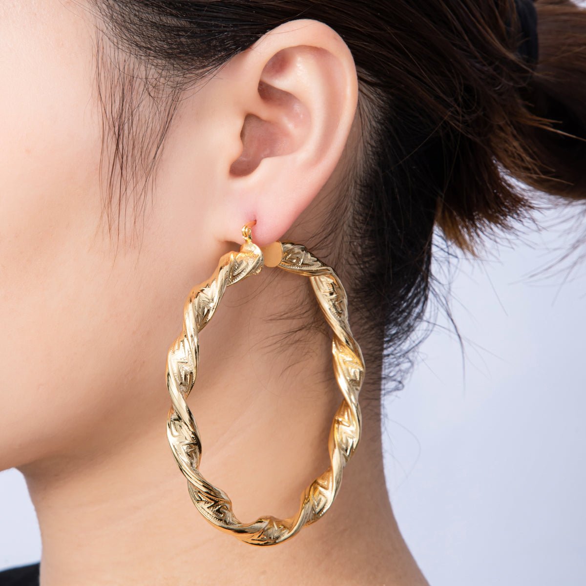 18K Gold Filled 85mm Textured Twisted Latch Hoop Earrings | Earrings - 00058 - DLUXCA