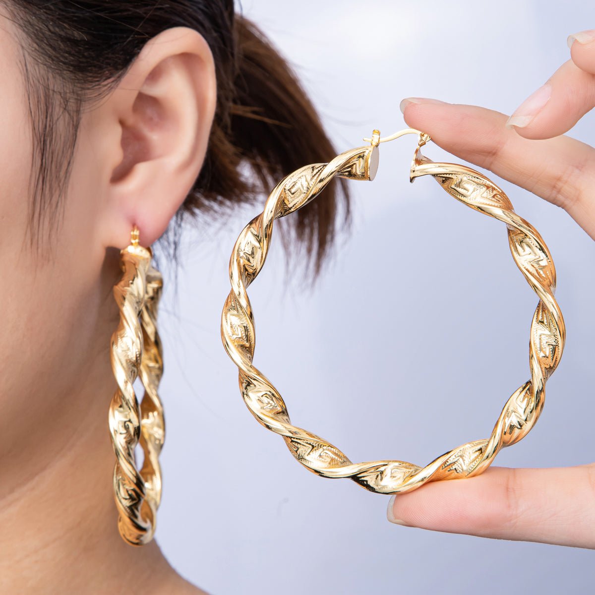 18K Gold Filled 85mm Textured Twisted Latch Hoop Earrings | Earrings - 00058 - DLUXCA