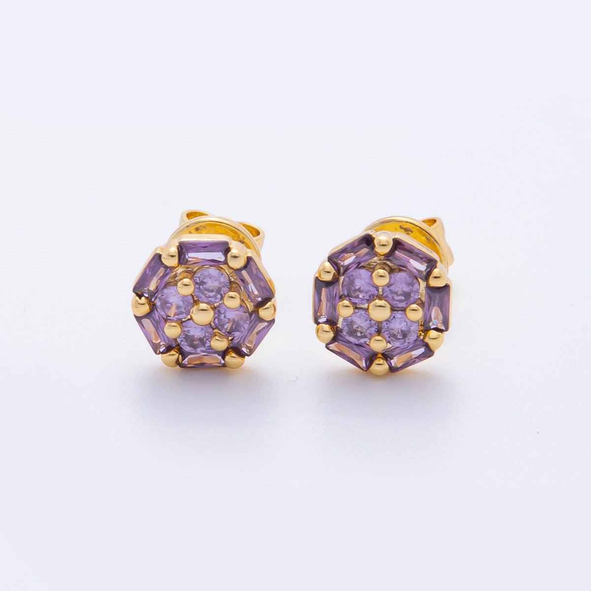 18K Gold Filled 8.8mm Clear, Purple, Pink Micro Paved CZ Baguette Round Stud Earrings | AJ274 AJ204 AJ206 - DLUXCA