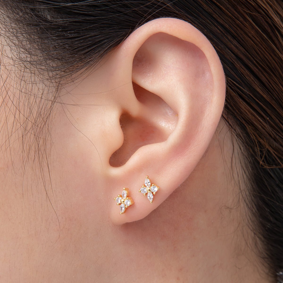 18K Gold Filled 8mm Clear CZ Marquise Blooming Flower Dainty Studs Earrings | AD1570 - DLUXCA