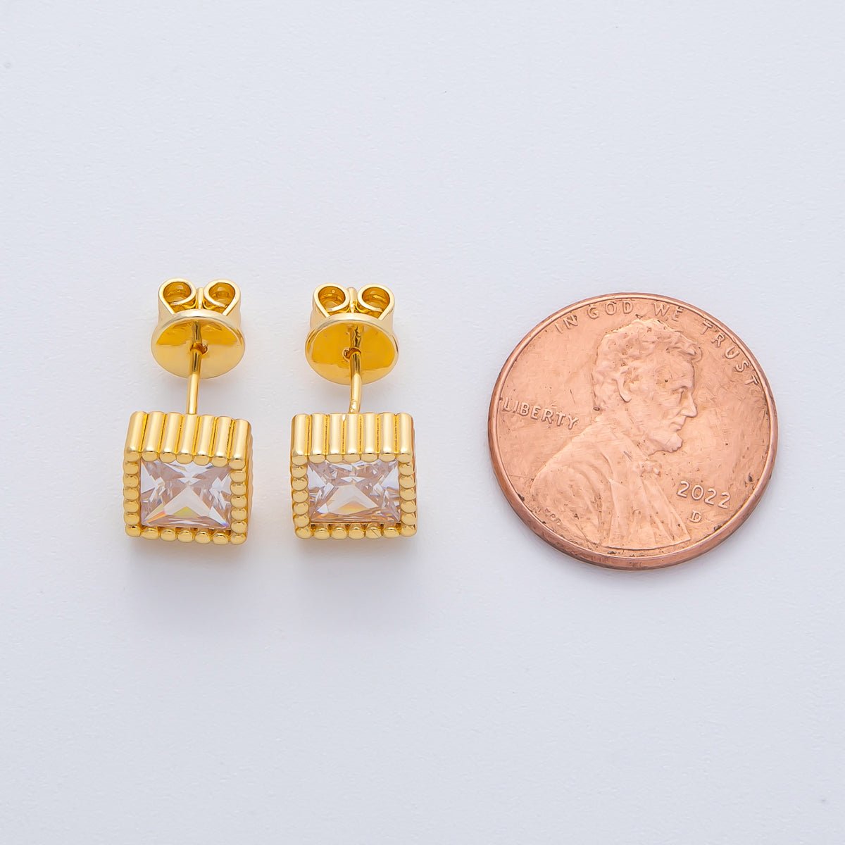 18K Gold Filled 8mm Clear CZ Square Ribbed Bezel Stud Earrings | AD1614 - DLUXCA