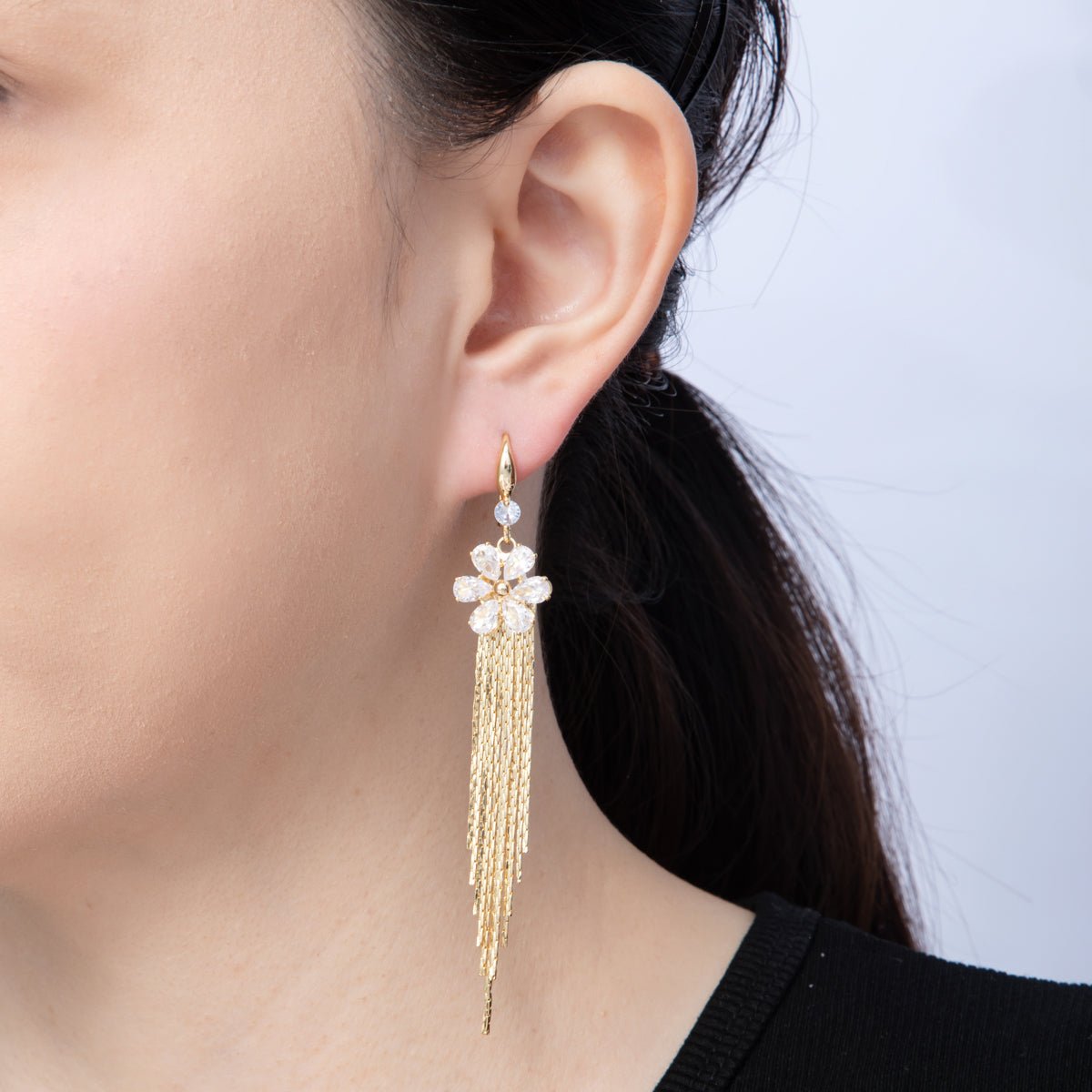 18K Gold Filled 94mm Clear CZ Flower Snake Chain Fringe Drop Ear Hook Earrings | T486 - DLUXCA