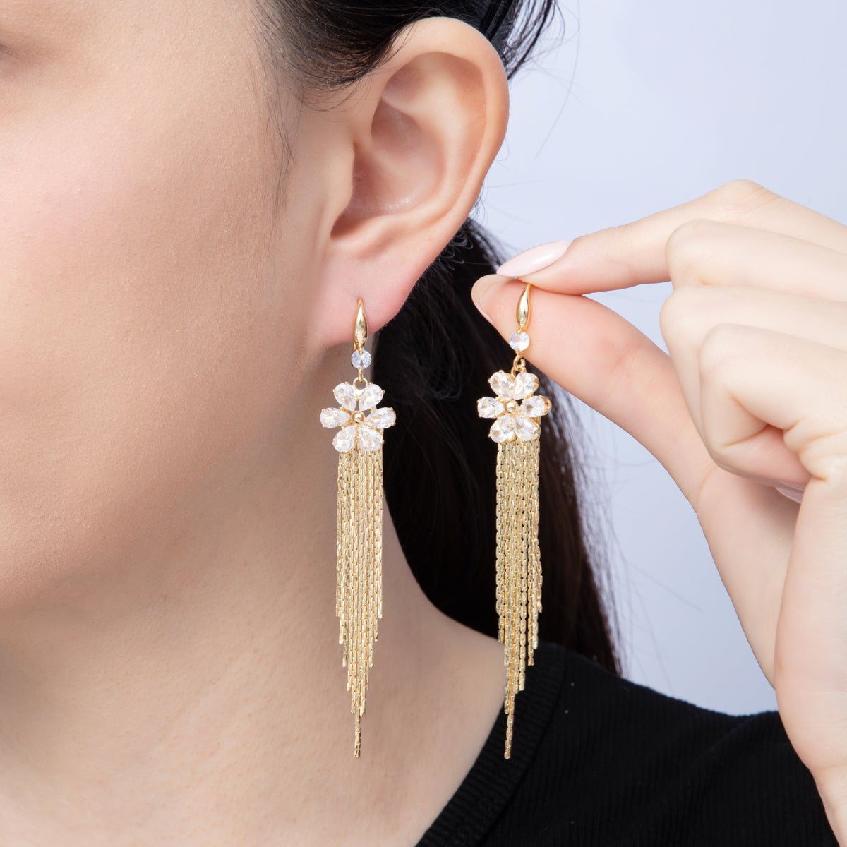 18K Gold Filled 94mm Clear CZ Flower Snake Chain Fringe Drop Ear Hook Earrings | T486 - DLUXCA