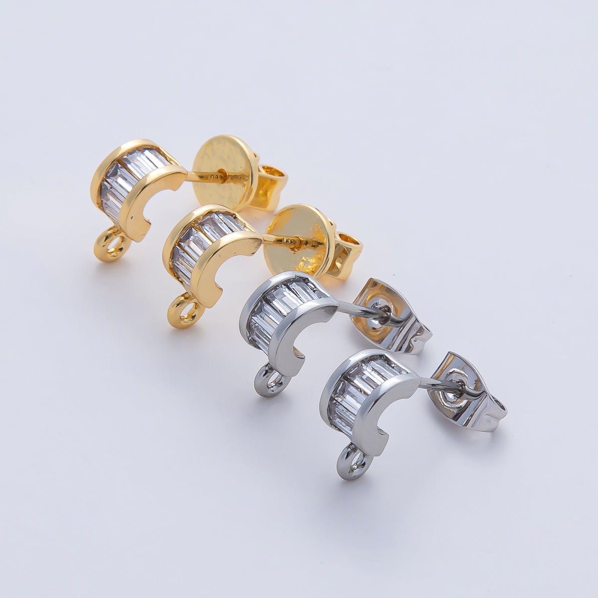 18K Gold Filled 9.5mm Clear Baguette CZ Drop C - Shaped Hoop Earring Findings in Gold & Silver | Z1638 - DLUXCA