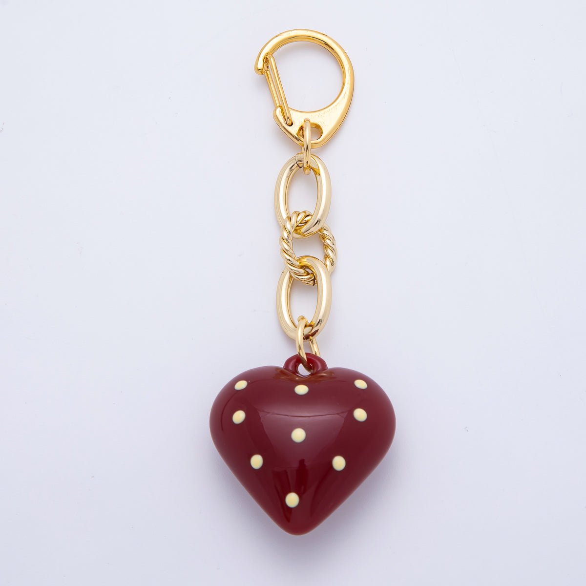 18K Gold Filled 99mm Red Polka Dotted Chubby Heart Twisted Cable Chain Drop Keychain Accessories | WB - 00127 - DLUXCA