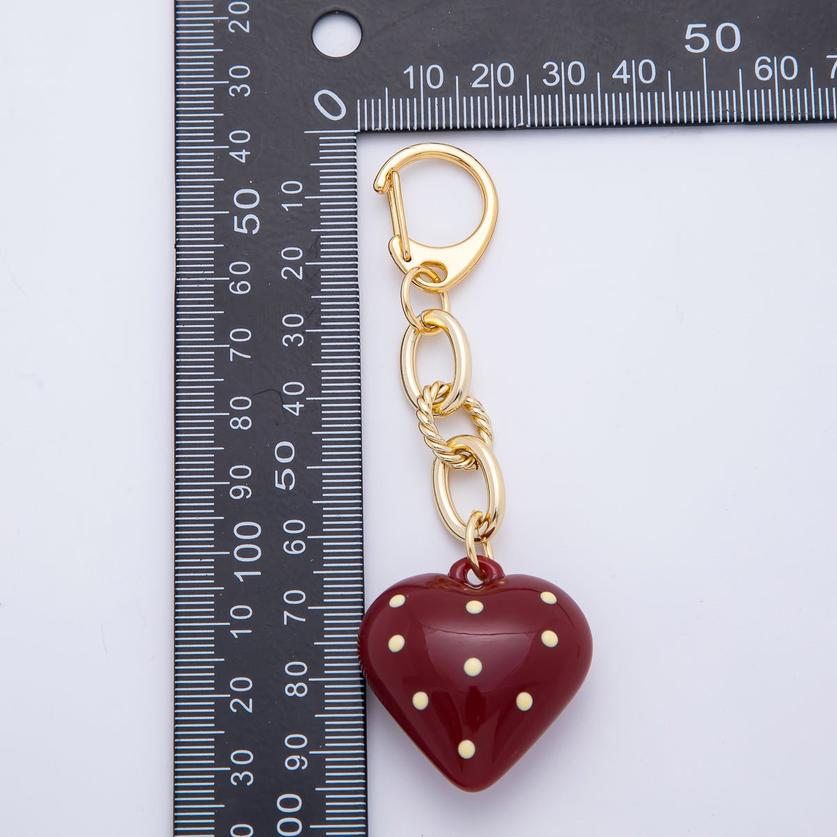 18K Gold Filled 99mm Red Polka Dotted Chubby Heart Twisted Cable Chain Drop Keychain Accessories | WB - 00127 - DLUXCA