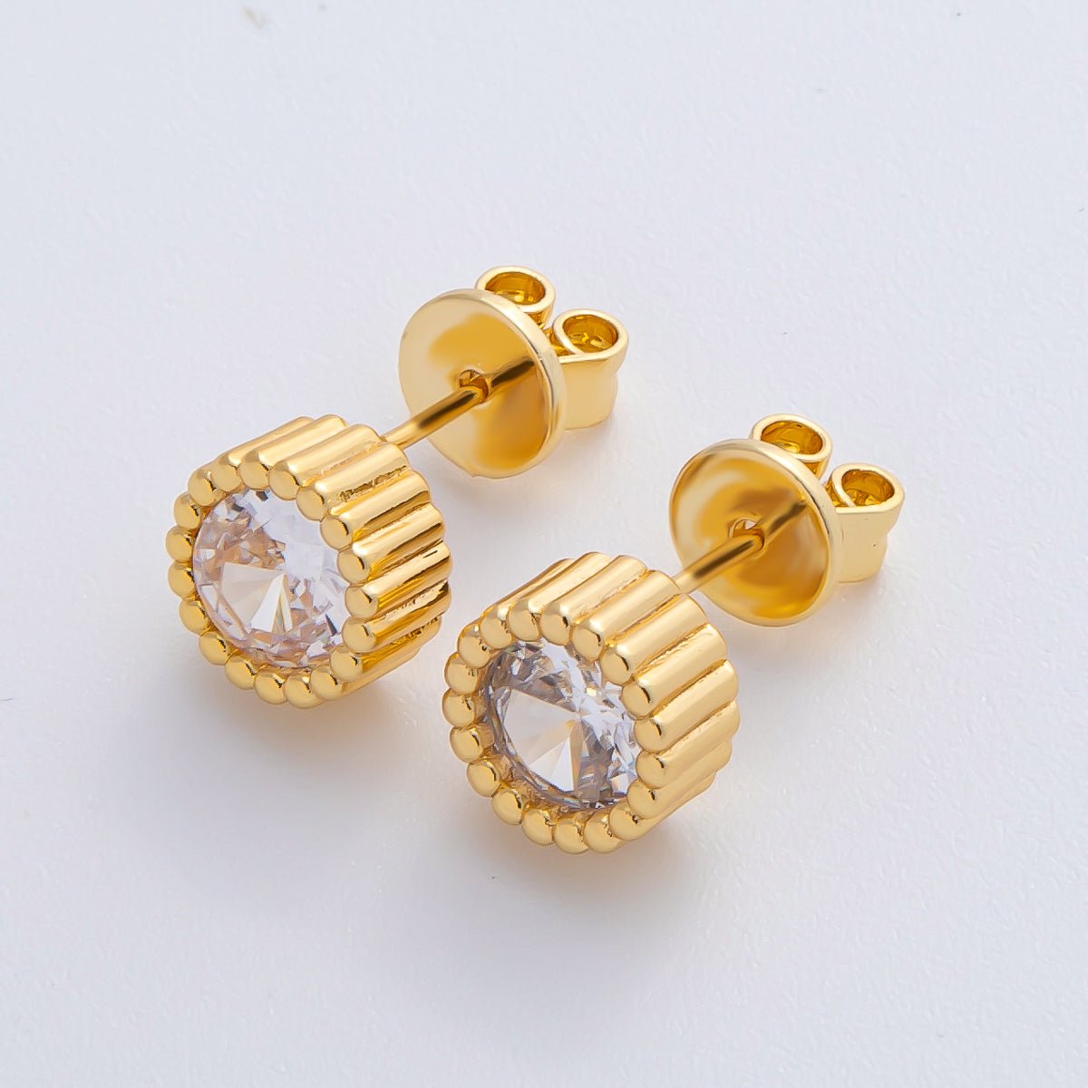18K Gold Filled 9mm Clear CZ Ribbed Round Stud Earrings | AD1629 - DLUXCA