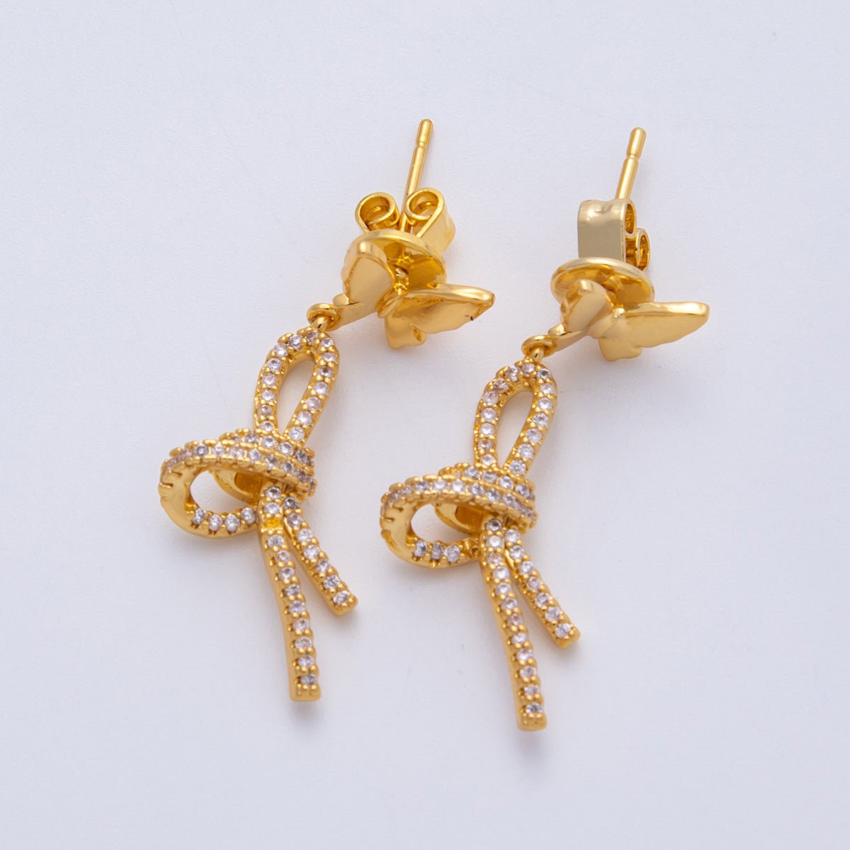 18K Gold Filled 9mm Micro Paved CZ Bow Butterfly Drop Stud | Earrings - 00223 - DLUXCA