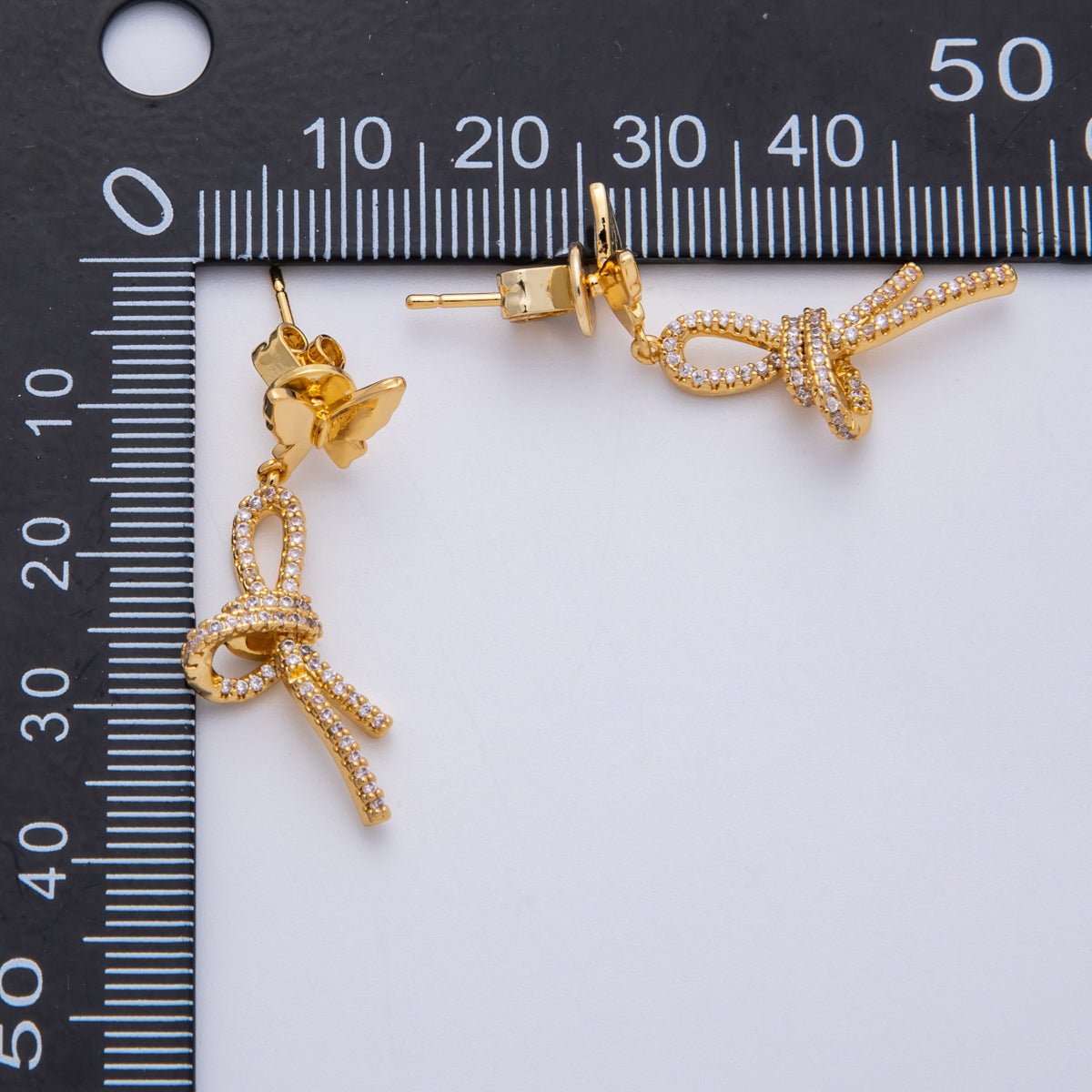 18K Gold Filled 9mm Micro Paved CZ Bow Butterfly Drop Stud | Earrings - 00223 - DLUXCA
