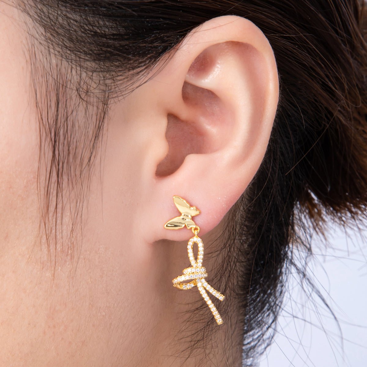 18K Gold Filled 9mm Micro Paved CZ Bow Butterfly Drop Stud | Earrings - 00223 - DLUXCA