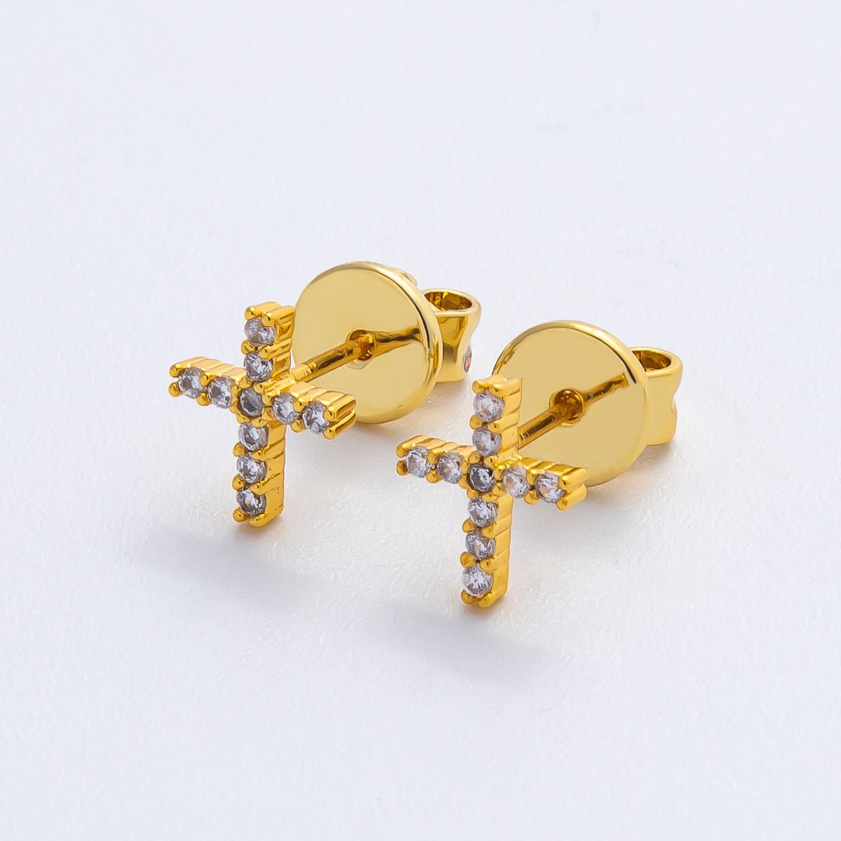18K Gold Filled 9mm Micro Paved CZ Cluster Christian Cross Dainty Stud Earrings | AD1569 - DLUXCA