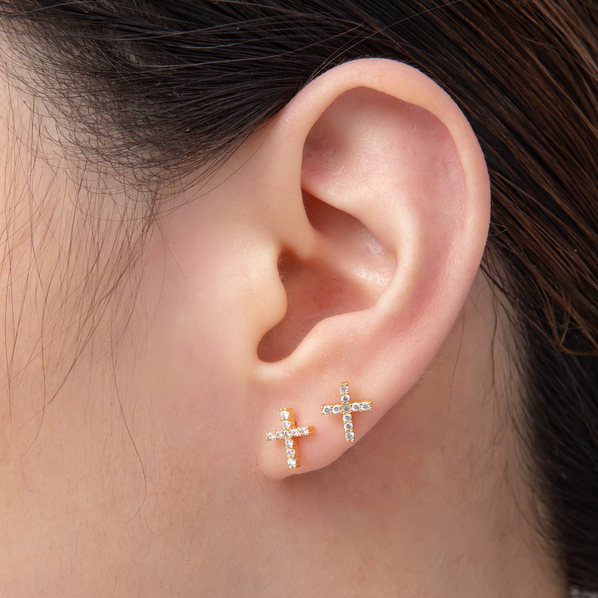 18K Gold Filled 9mm Micro Paved CZ Cluster Christian Cross Dainty Stud Earrings | AD1569 - DLUXCA