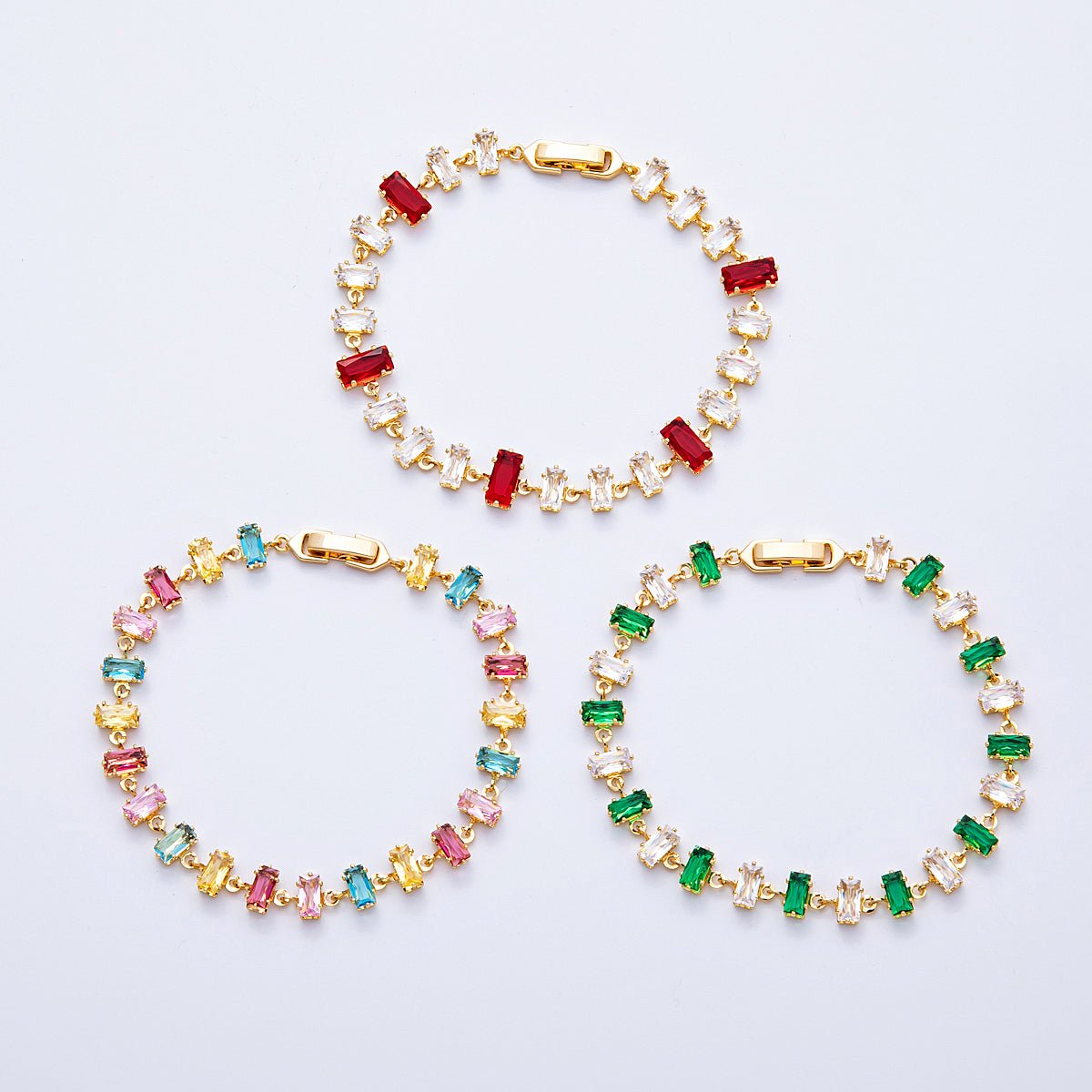 18K Gold Filled 9mm Multicolor Baguette CZ Tennis Chain 7 Inch Bracelet | WA - 04218 ~ WA - 04220 - DLUXCA