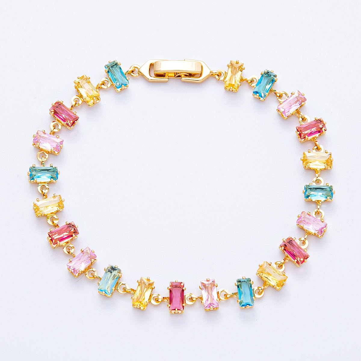 18K Gold Filled 9mm Multicolor Baguette CZ Tennis Chain 7 Inch Bracelet | WA - 04218 ~ WA - 04220 - DLUXCA