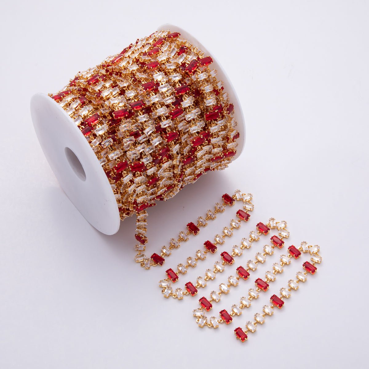 18K Gold Filled 9mm Multicolor Red - Clear Baguette CZ Gemstone Unfinished Chain by Yard | Roll - 1829 - DLUXCA