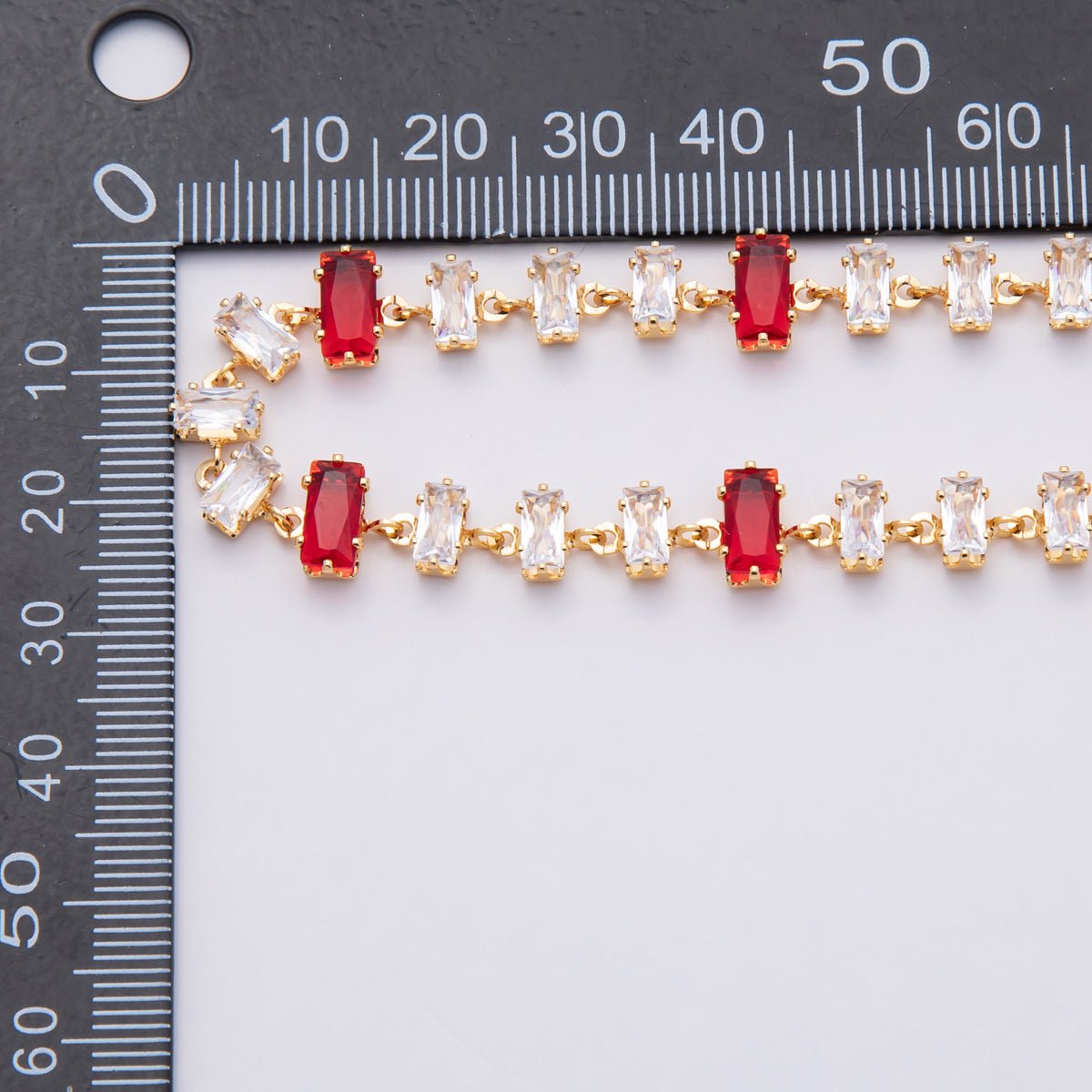 18K Gold Filled 9mm Multicolor Red - Clear Baguette CZ Gemstone Unfinished Chain by Yard | Roll - 1829 - DLUXCA