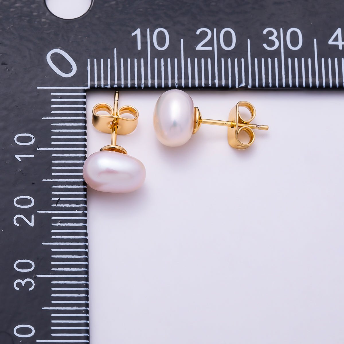 18K Gold Filled 9mm Pink Oval Button Freshwater Pearl Stud Earrings | Earrings-00785 - DLUXCA