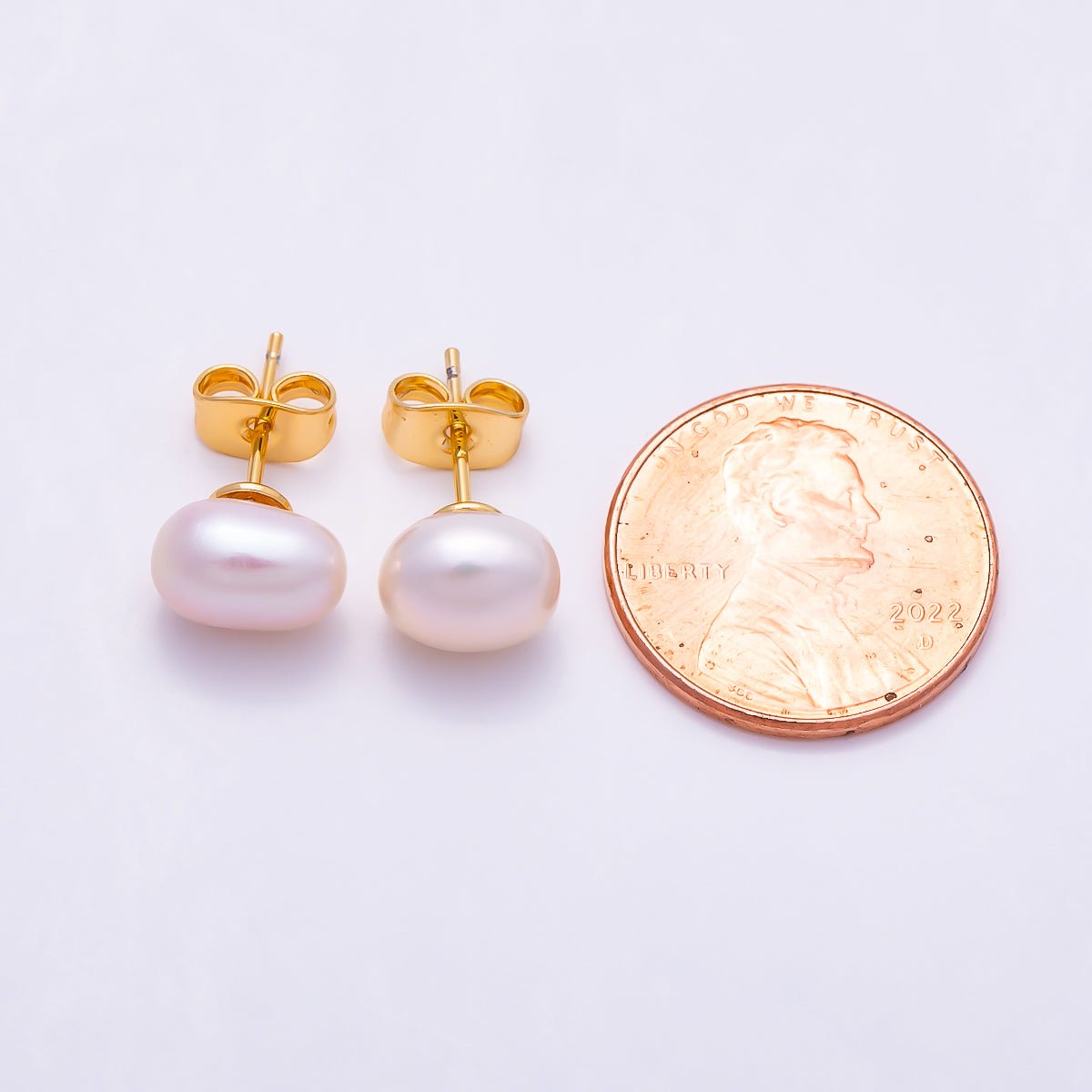 18K Gold Filled 9mm Pink Oval Button Freshwater Pearl Stud Earrings | Earrings-00785 - DLUXCA